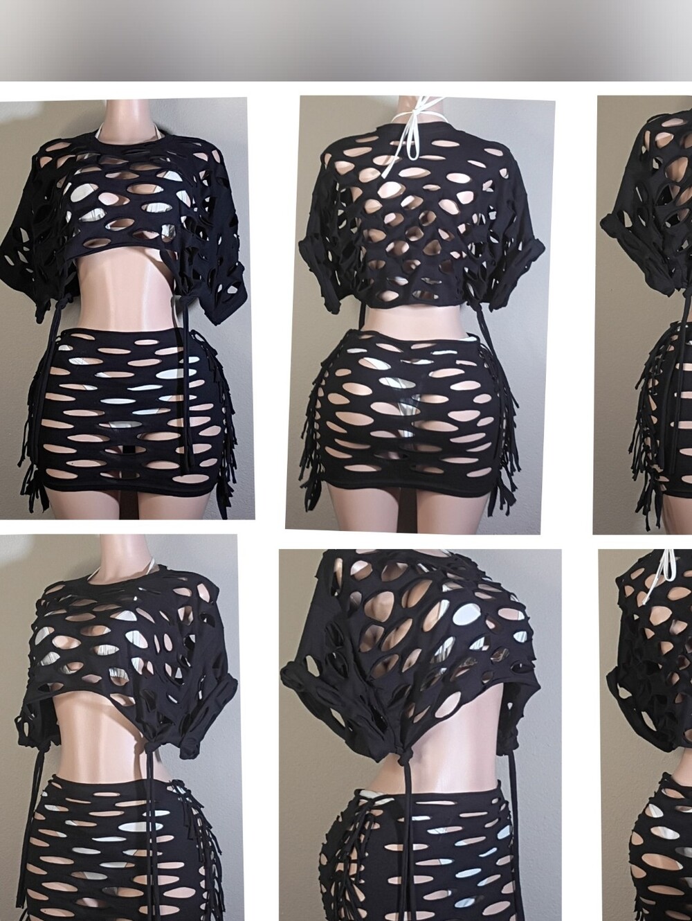 Black Custom  Cutout Tshirt Fringe Skirt Set